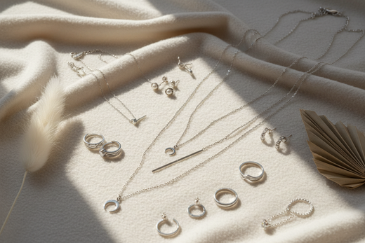 Silver-tone chains, rings and earrings laid out on pale fabric in sunlight