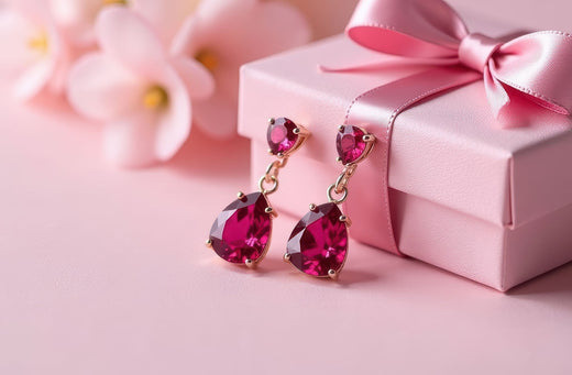 Pink stone drop earrings beside a gift box with a satin bow and flowers