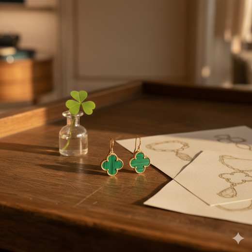 Gold-plated four-leaf clover earrings with a green stone on a wooden table beside sketches