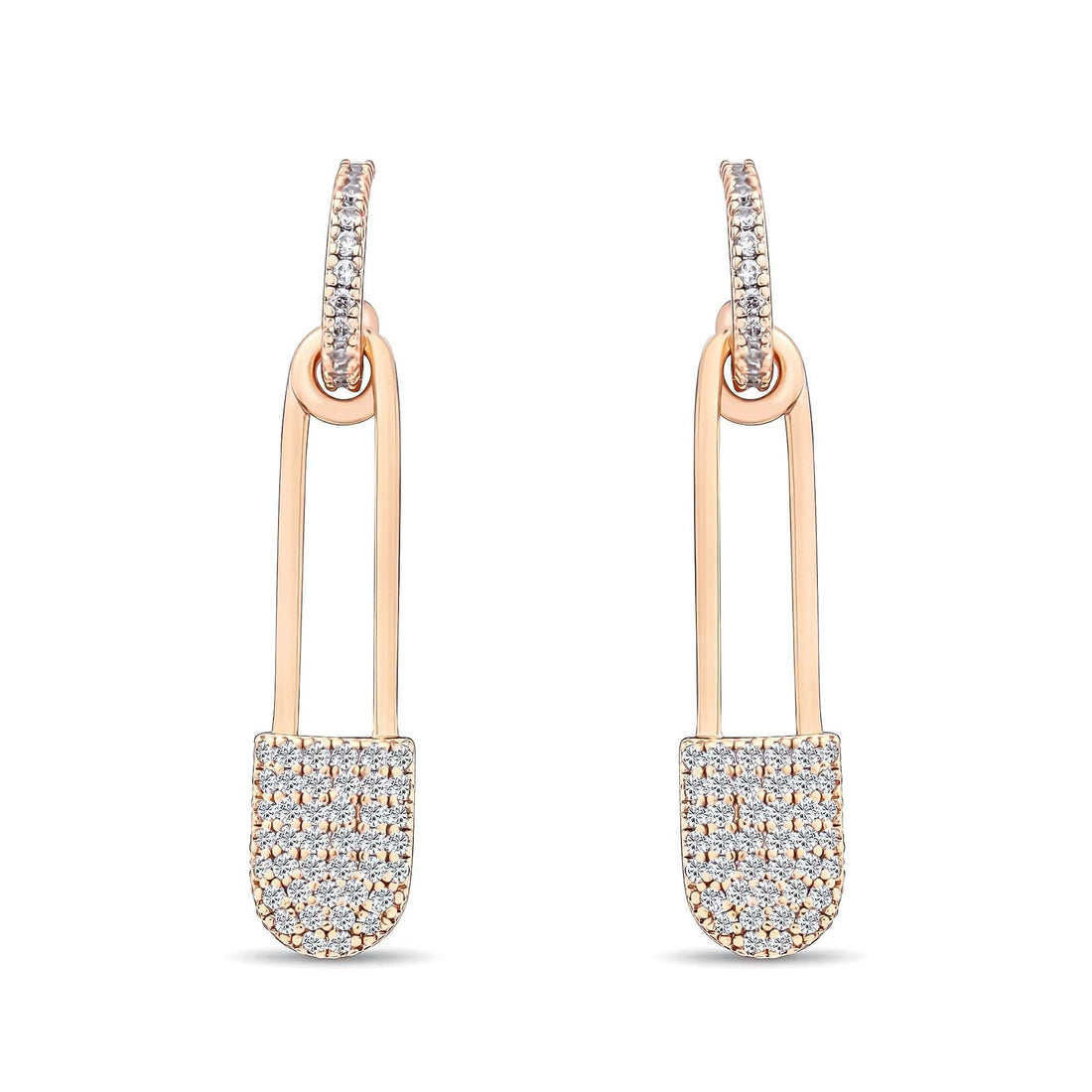 Pavé safety pin drop earrings, 32 mm