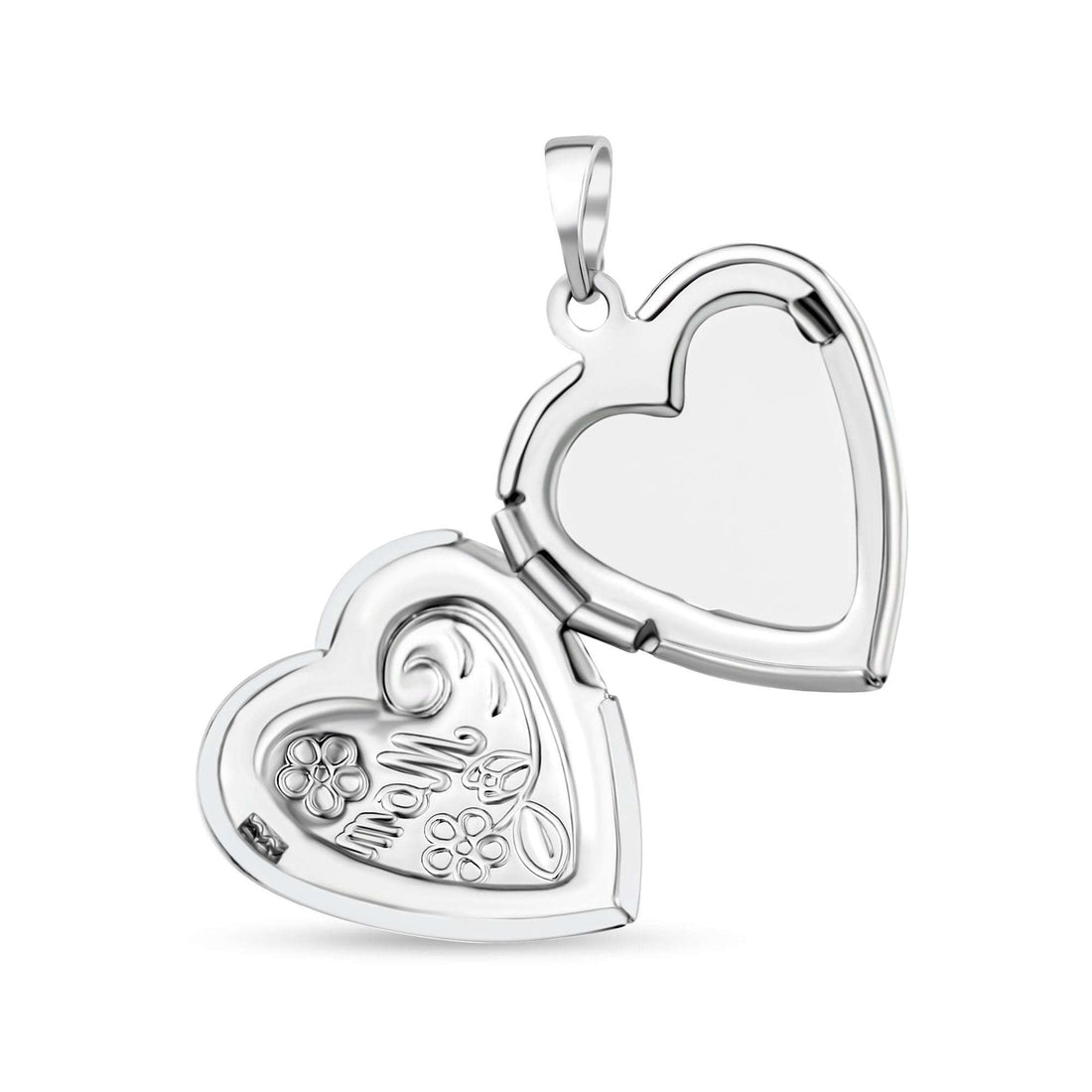 Opened heart locket with an empty photo compartment, hinge and engraving visible