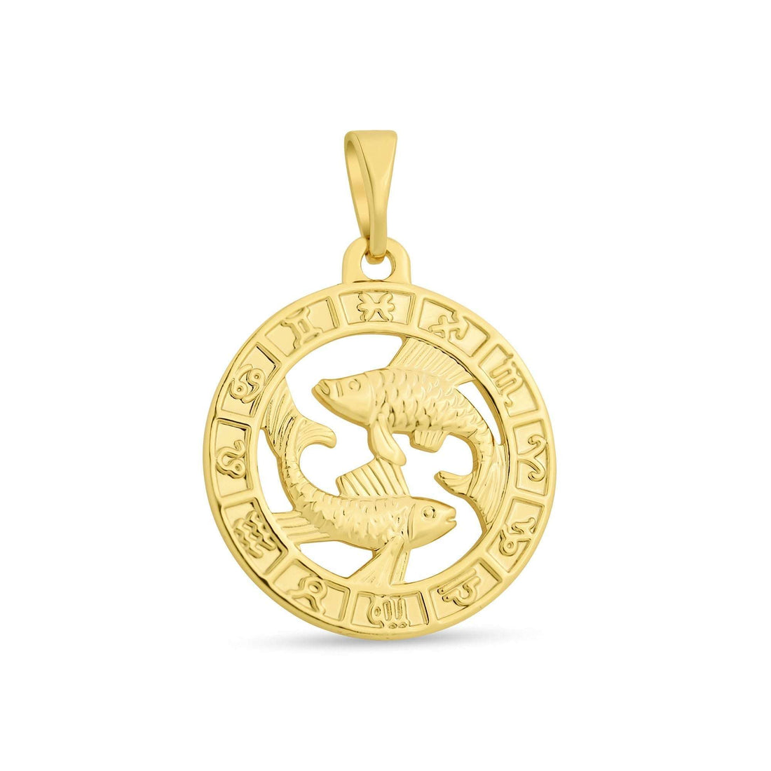 Gold-plated medallion with two fish at the centre, zodiac signs embossed around the rim