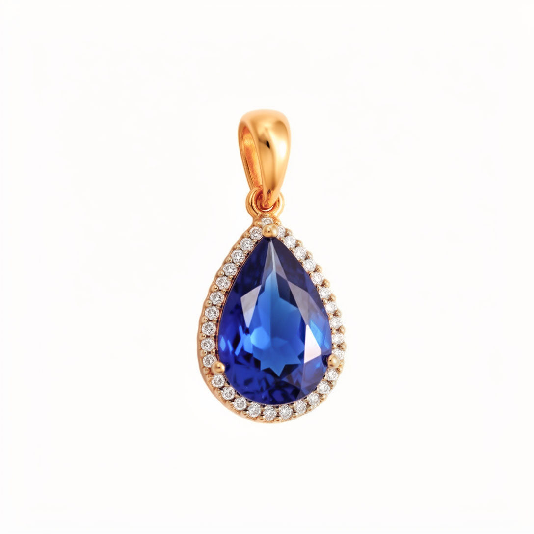 Blue teardrop halo pendant, 24 mm