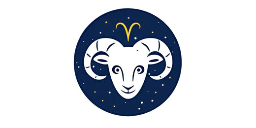 White ram's head with a yellow horoscope symbol in a starry navy circle