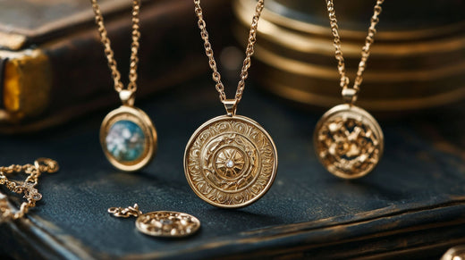 Three gold-plated round pendants with zodiac motifs hanging above an old book