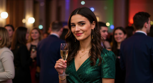 Woman in a green evening dress with gold-plated necklaces and tassel earrings, holding champagne