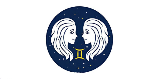Twin white profiles facing each other, yellow Gemini symbol in a starry circle