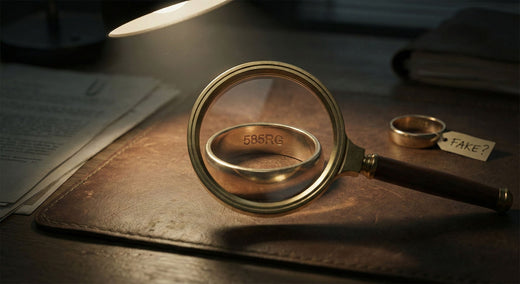 Magnifying glass reveals 585RG engraving inside a gold-plated ring beside a tagged ring