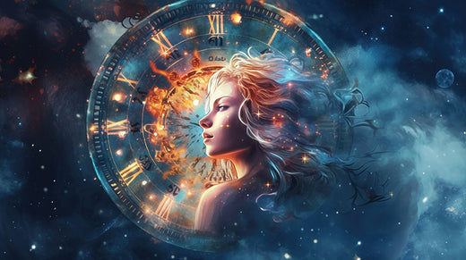 Woman in profile with flowing hair inside a zodiac wheel among stars and clouds