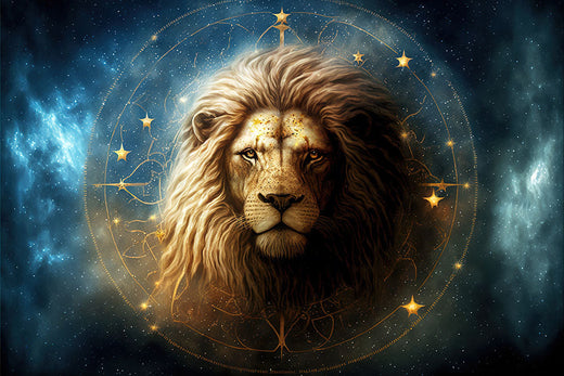Maned lion's head in a golden star circle against a blue cosmic nebula