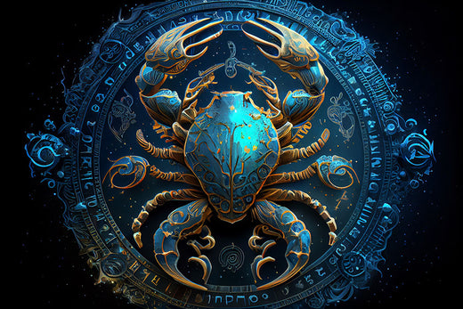 Blue and gold Cancer crab in a zodiac circle against a dark starry sky