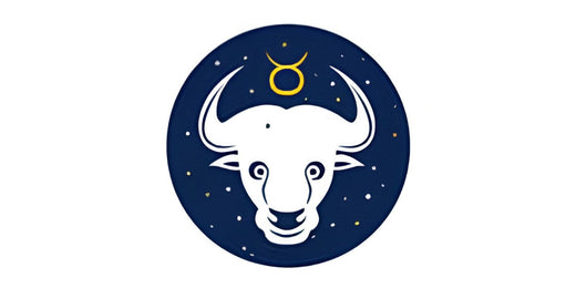 Horned white bull's head and yellow Taurus symbol in a starry navy circle