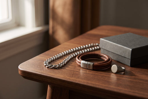 Men's steel chain, brown leather bracelet and signet ring on a dark wooden table