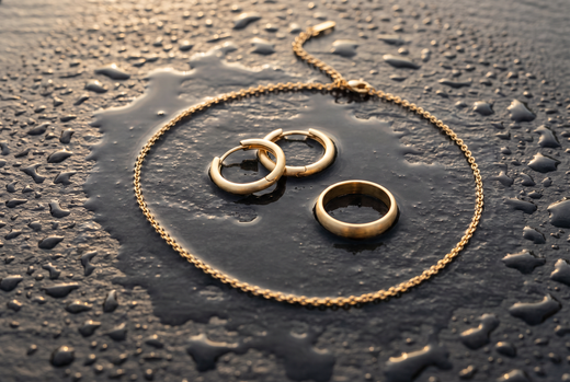 Gold-tone chain, hoop earrings and a ring on a wet surface with water droplets