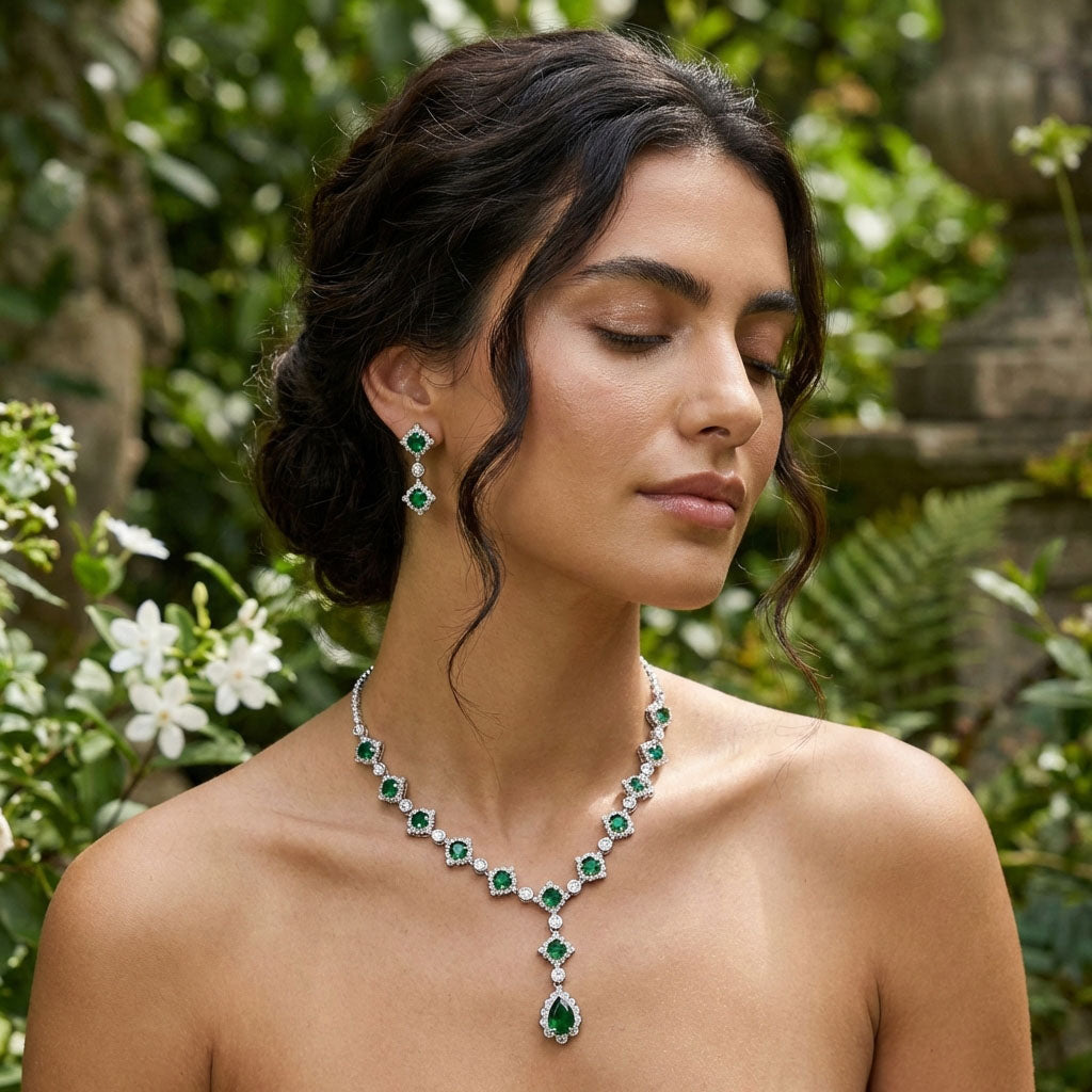 Model in a garden wearing the green cubic zirconia necklace and matching earrings