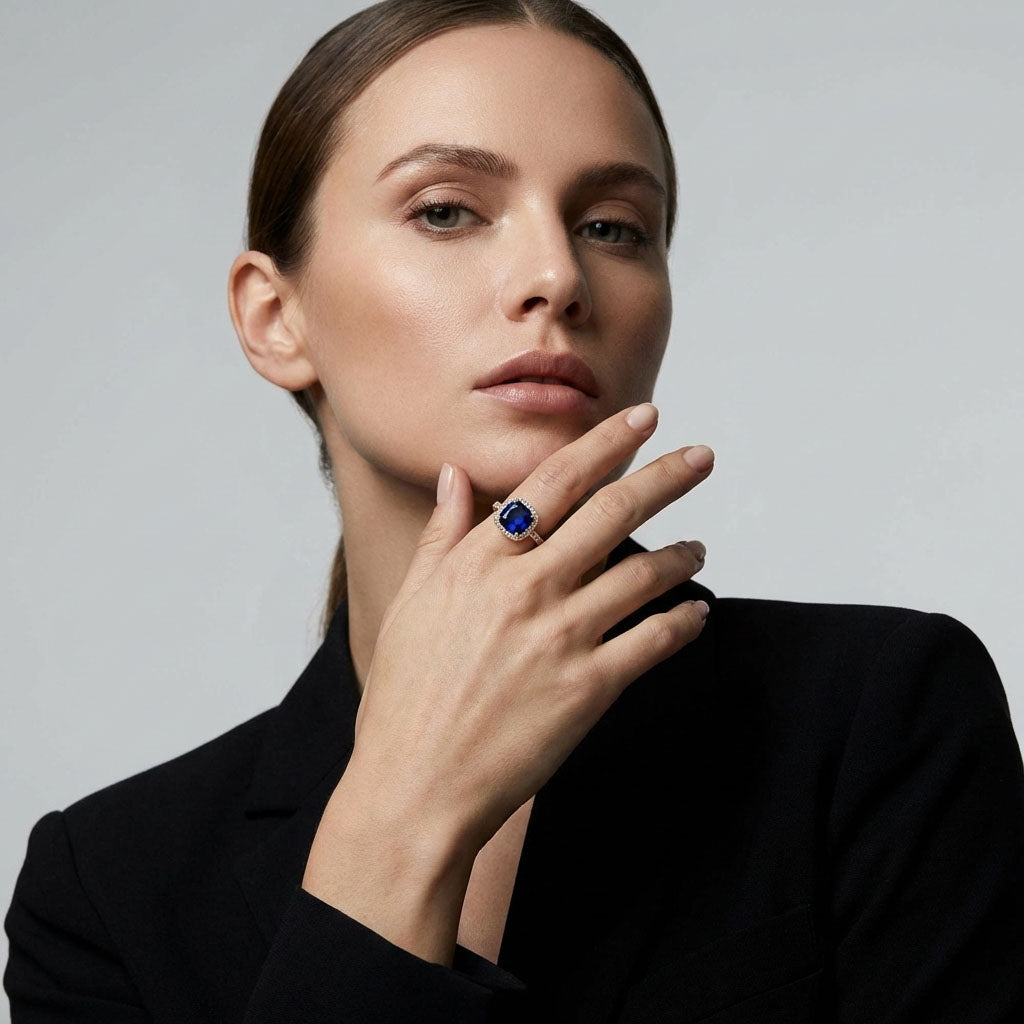 Model in a black jacket wearing the blue stone halo ring