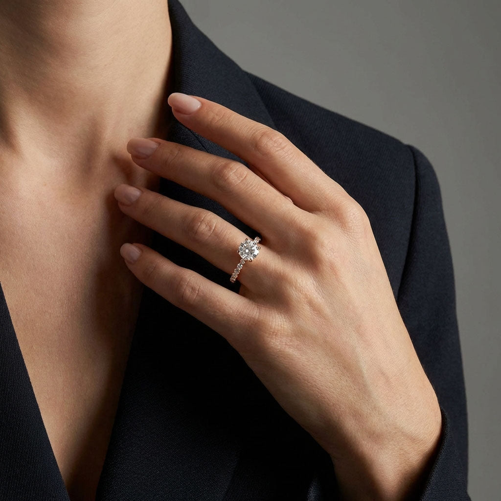 Fine gold-plated solitaire ring on a model's finger against a dark jacket