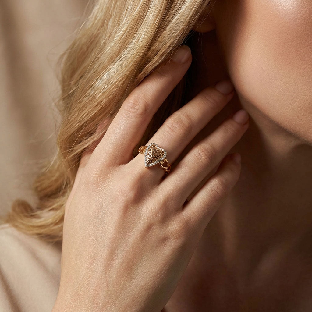Romantic heart ring with sparkling cubic zirconia on a woman's hand