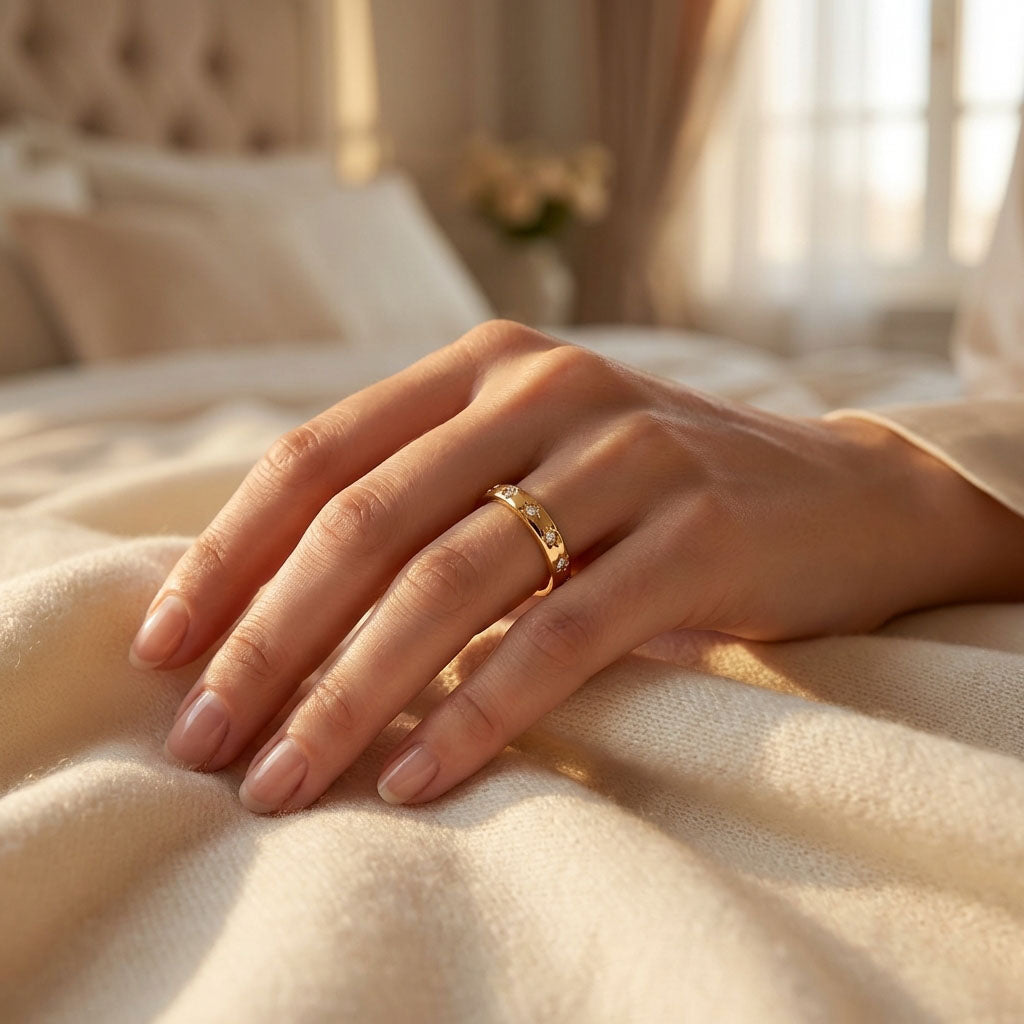Star pattern gold-tone ring on a woman's hand in warm morning light