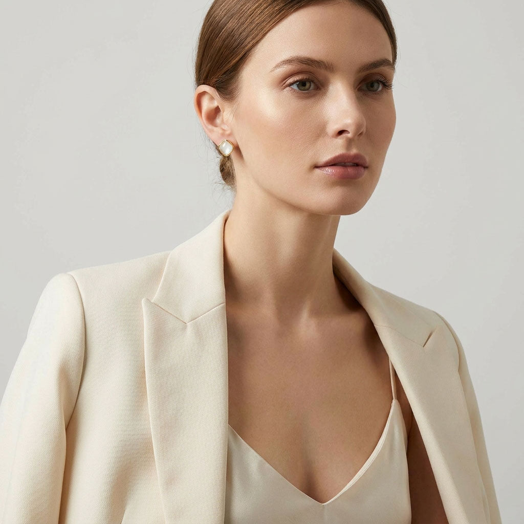 Woman in a cream jacket wearing a milky white square gold-plated stud