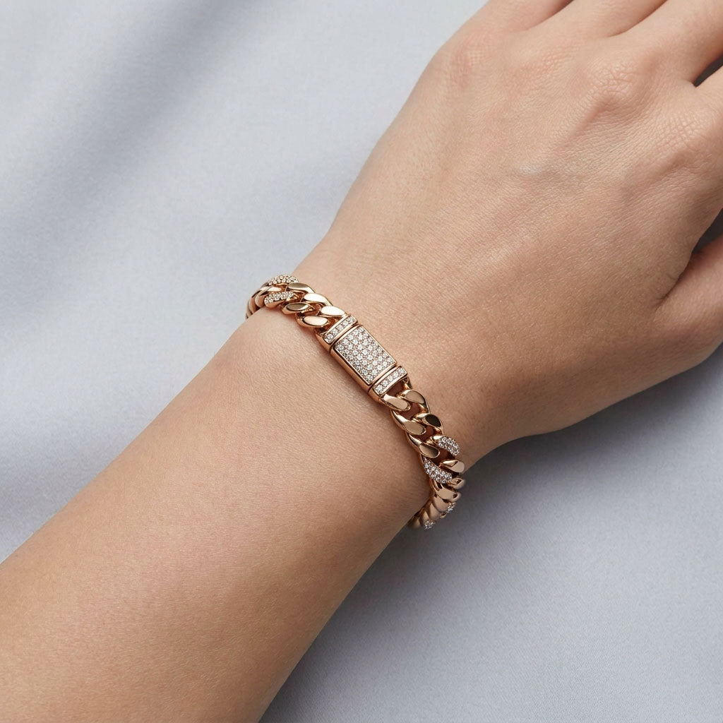 Gold-plated chain bracelet with cubic zirconia on a woman's wrist