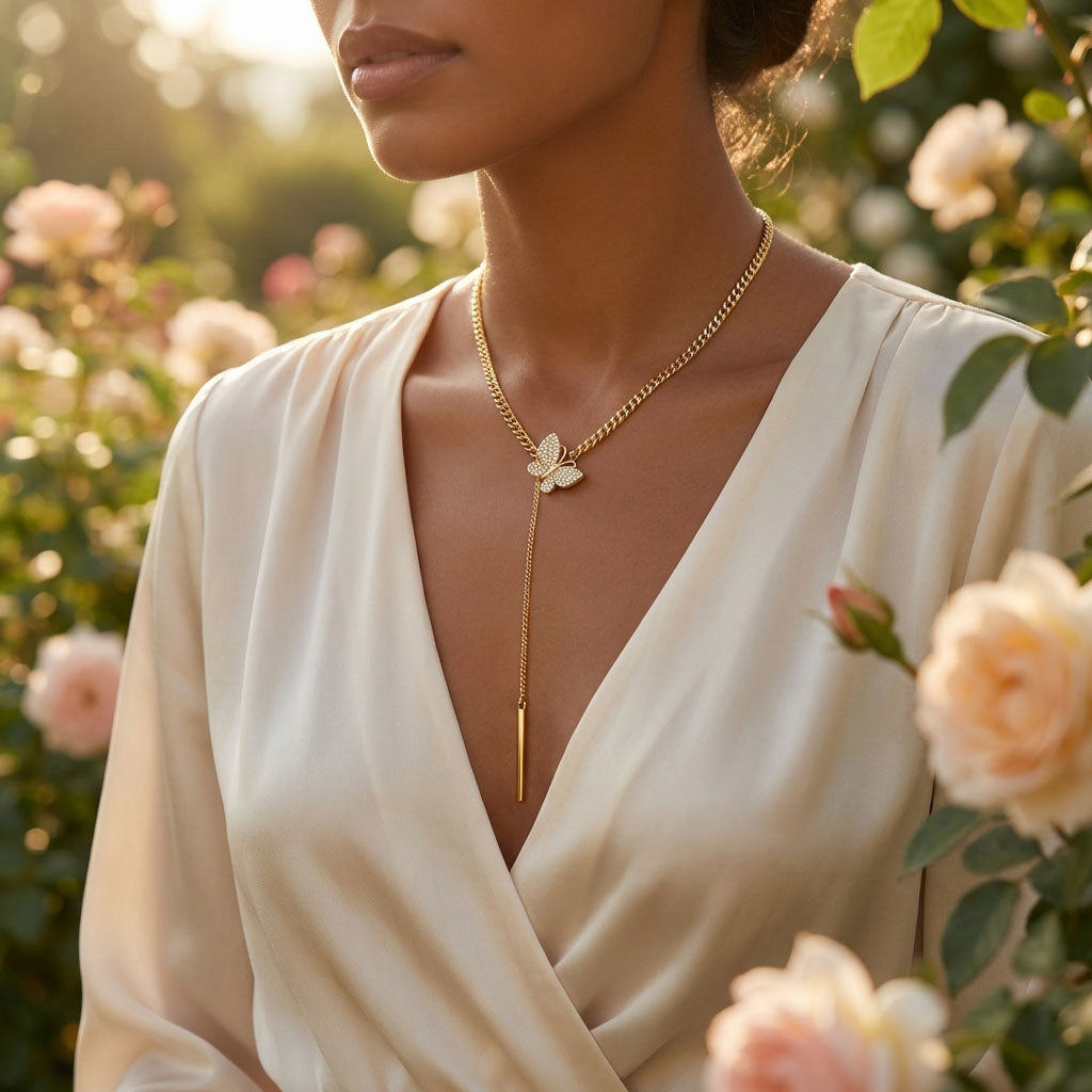 Woman in a light blouse wearing a gold-plated butterfly necklace in a rose garden