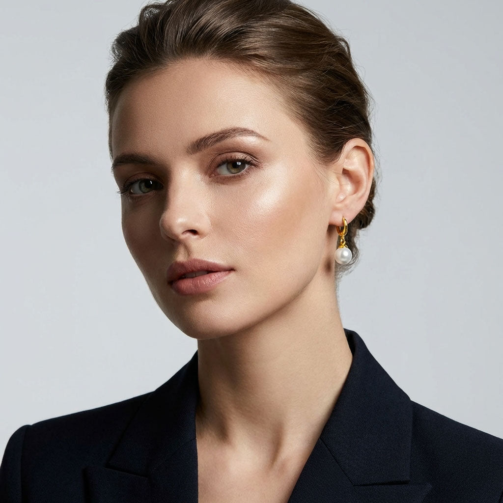 Model in a dark jacket wearing gold-plated pearl earrings, side close-up