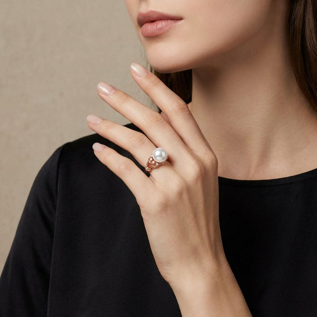 Model showing a rosy gold-tone ring with a white pearl-like stone on her hand