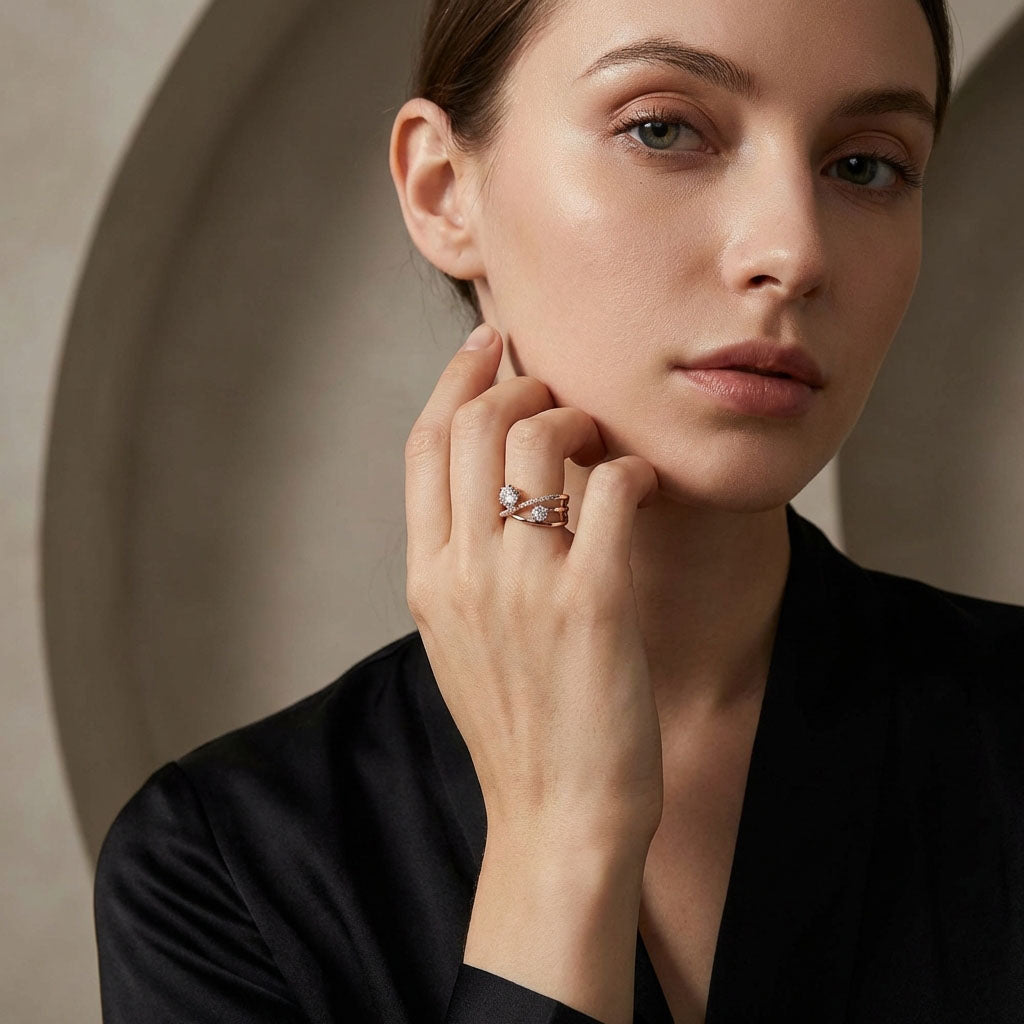 Model in a black jacket wearing the crossover ring with white stones