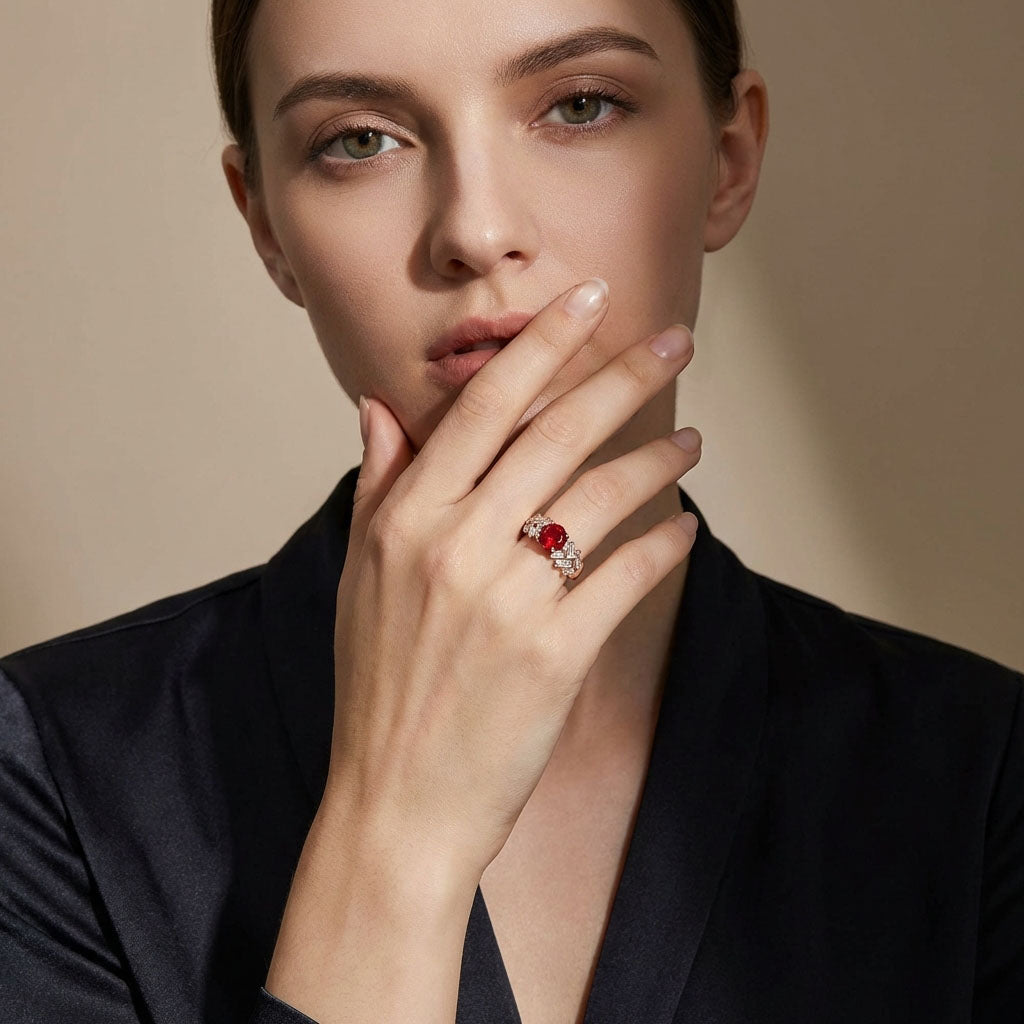 Model with her hand to her lips showing the red stone ring