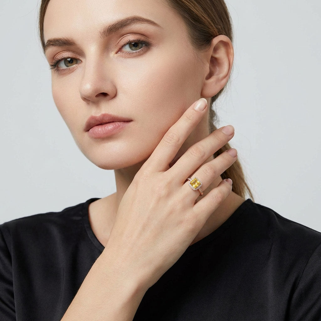 Model in a black T-shirt wearing the yellow cubic zirconia ring