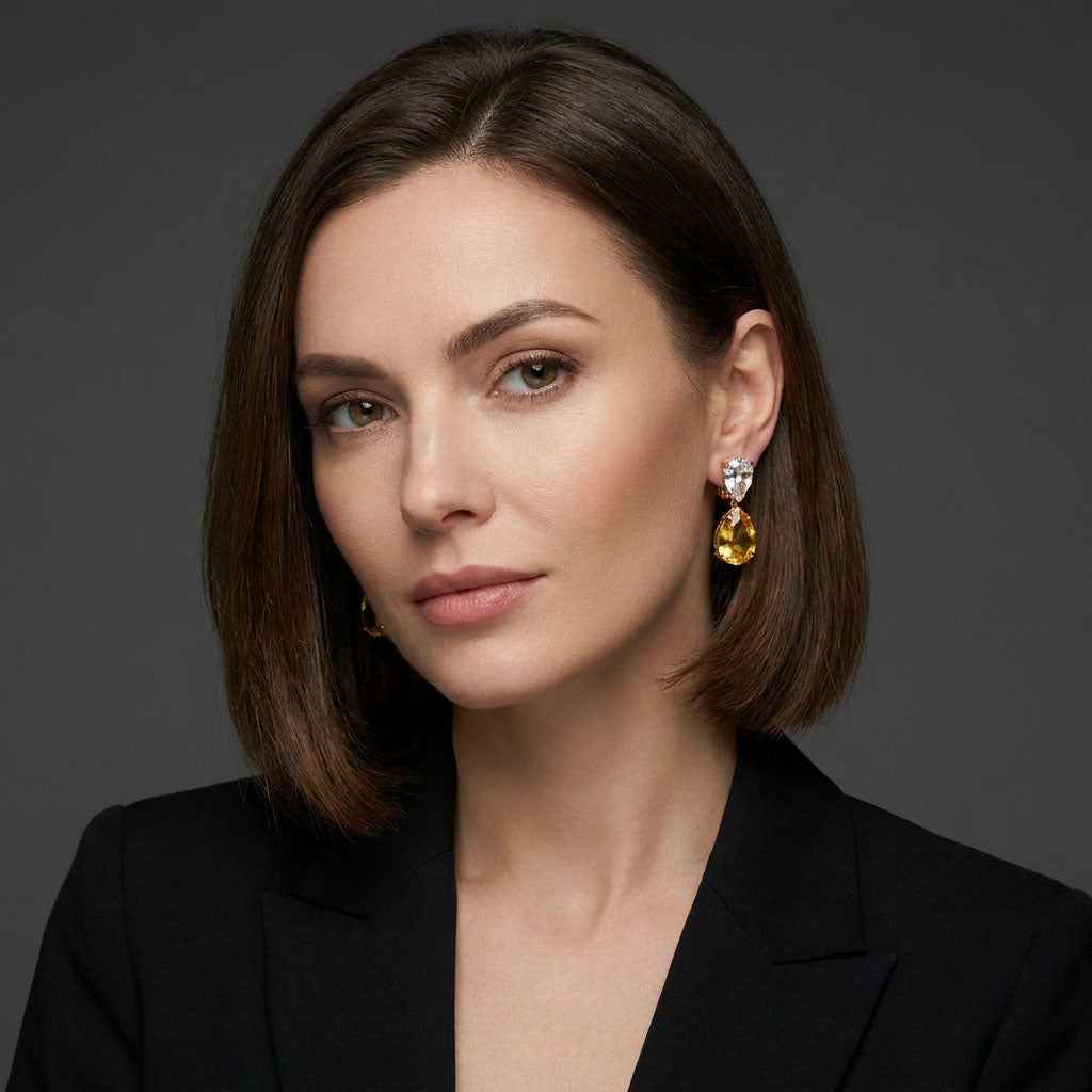Dark-haired model in a black blazer wearing yellow teardrop earrings