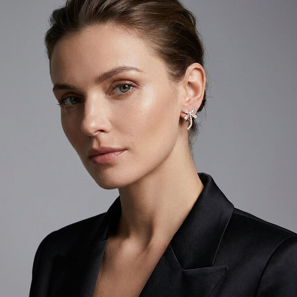 Model wearing a gold-plated dragonfly clip-on earring with a sparkling tail