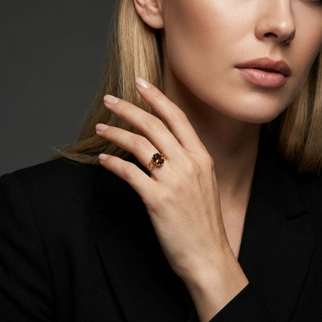 Brown stone ring on a model's finger against a black jacket