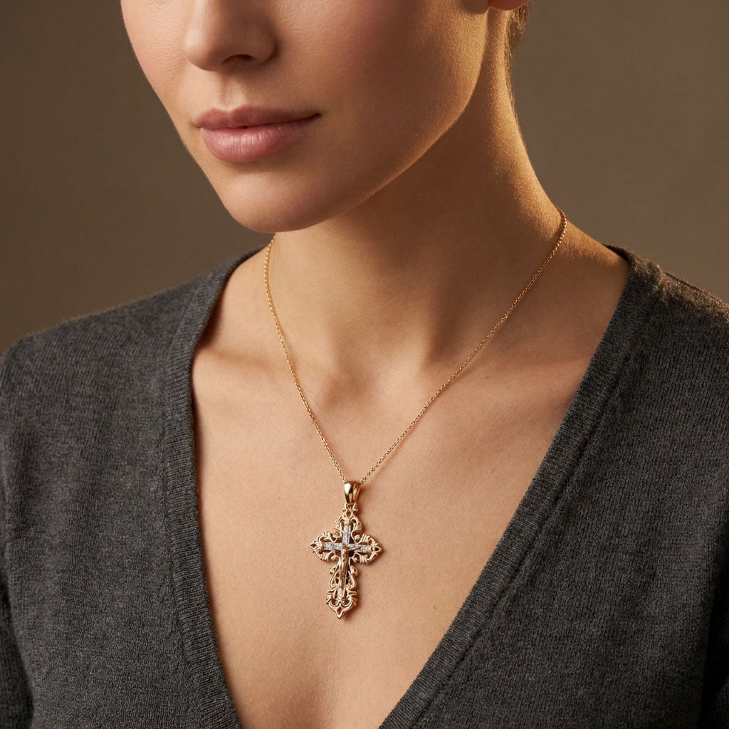 Woman wearing the two-tone cross on a fine chain over a grey jumper