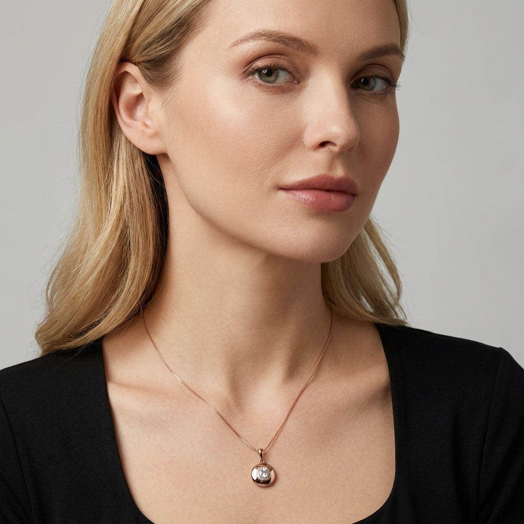 Woman in a black top wearing round rose gold-tone pendant on a chain