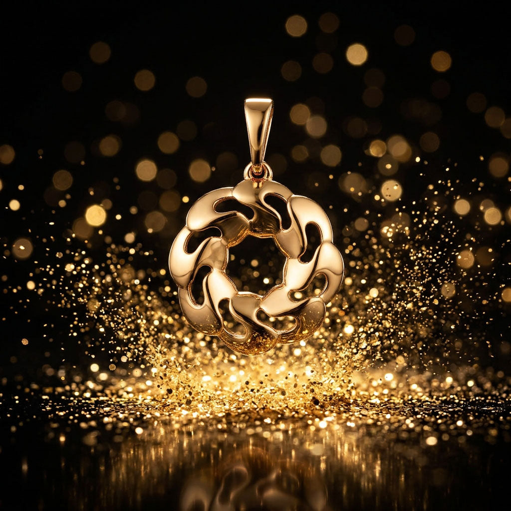Gold-tone swirl pendant shining on a dark background with glitter