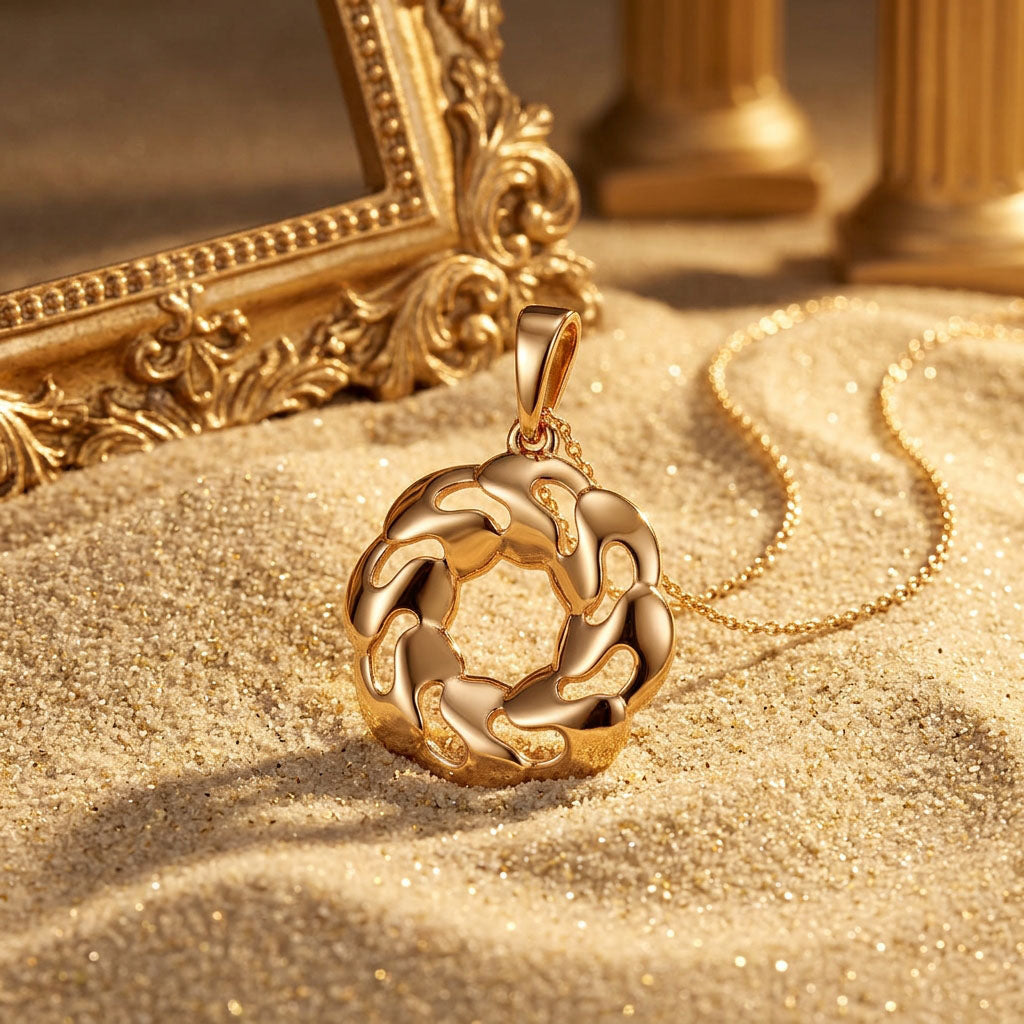 Gold-plated pendant with chain on sand next to a gilded frame