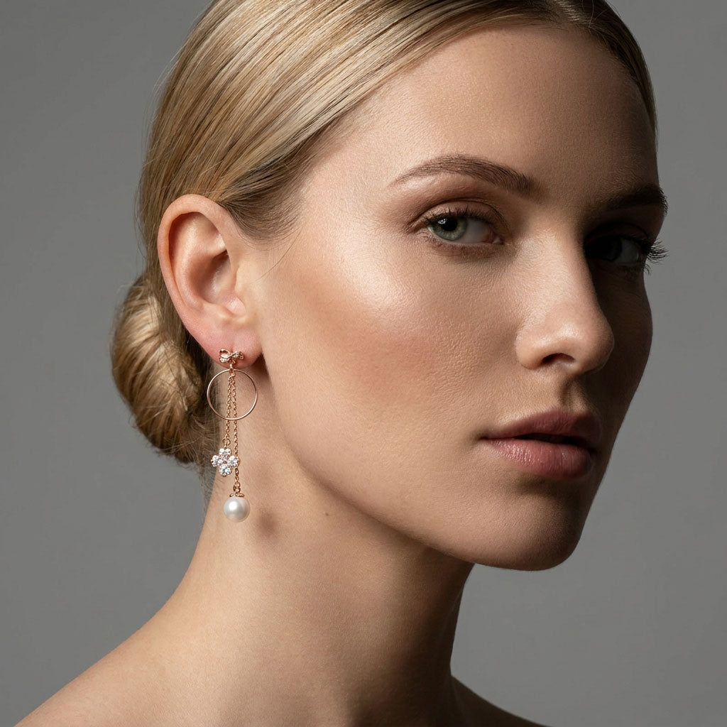 Model wearing long earrings with a hoop, cubic zirconia clover and pearl drop