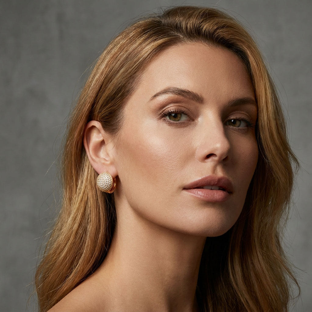 Model wearing round gold-tone dome earrings densely set with sparkling stones
