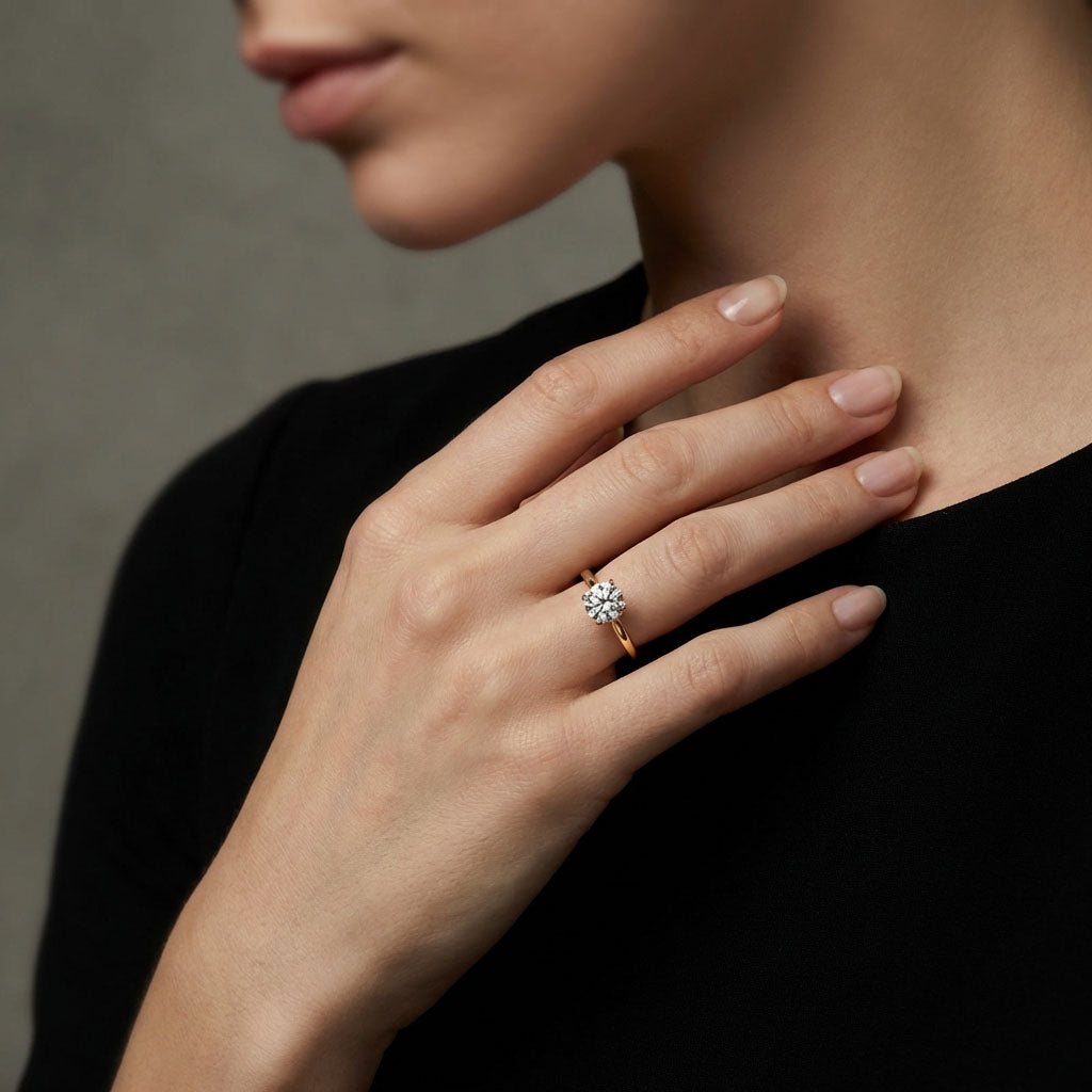 Gold-tone engagement ring with a large white cubic zirconia on a woman's finger