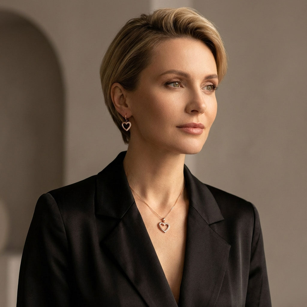 Woman in a black blazer wearing the heart pendant and earrings