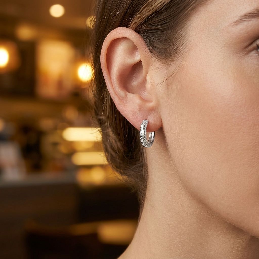 Textured silver-tone hoop earring on a model against a warm cafe background