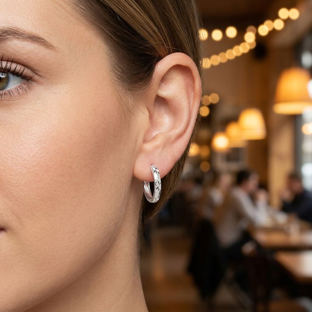 Silver-tone star-engraved hoop worn in a woman's ear in soft café light