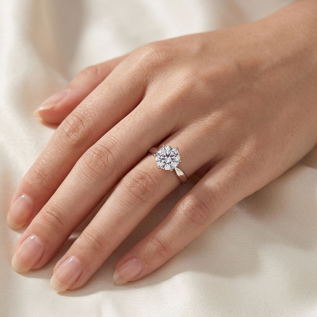 Solitaire cubic zirconia ring on a model's finger against light silk
