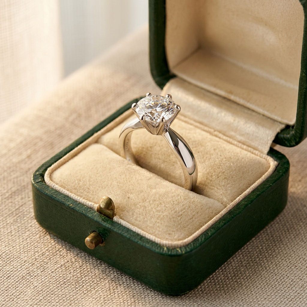Six-prong cubic zirconia ring in a dark green velvet-lined gift box