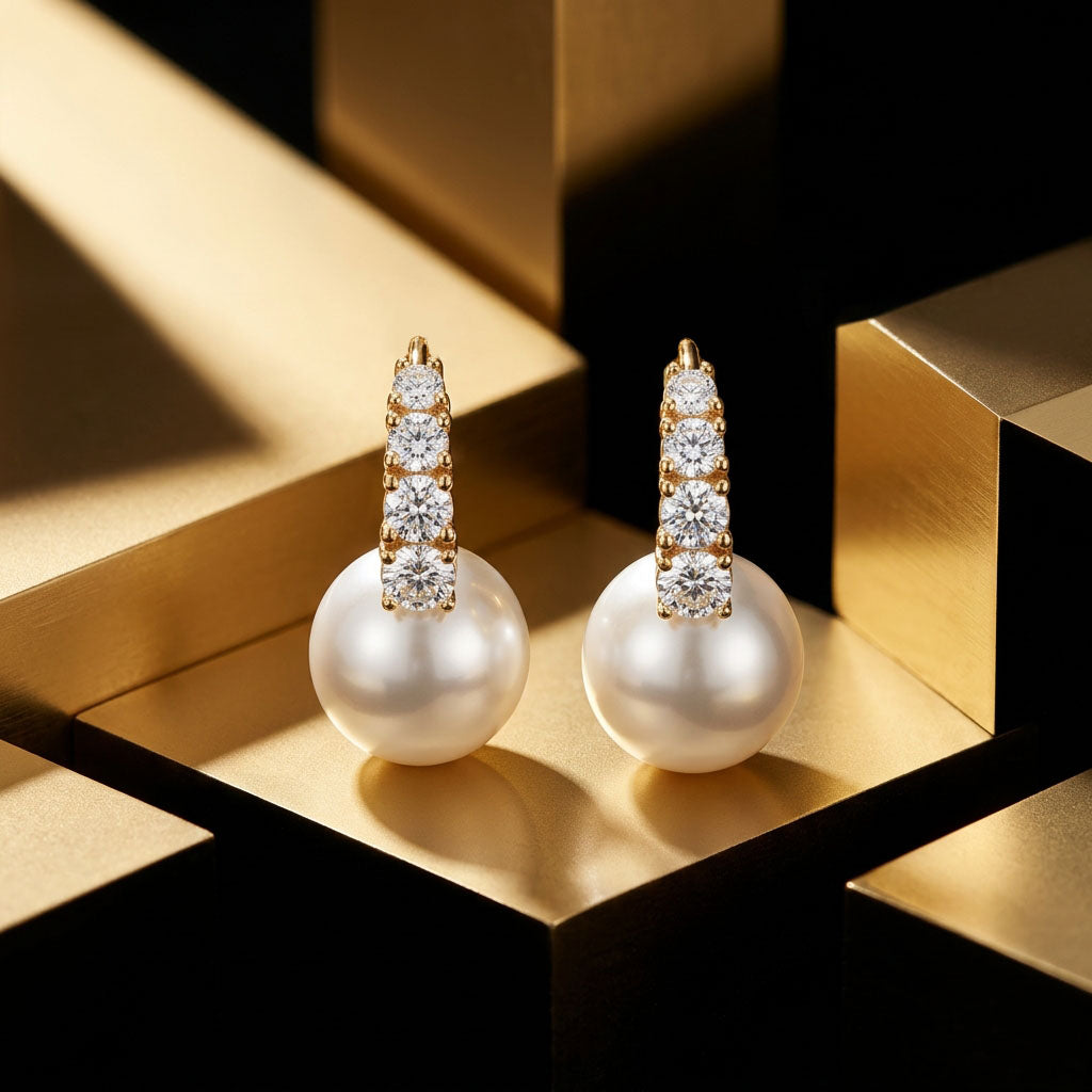 Two pearl earrings with cubic zirconia on gold-tone geometric blocks