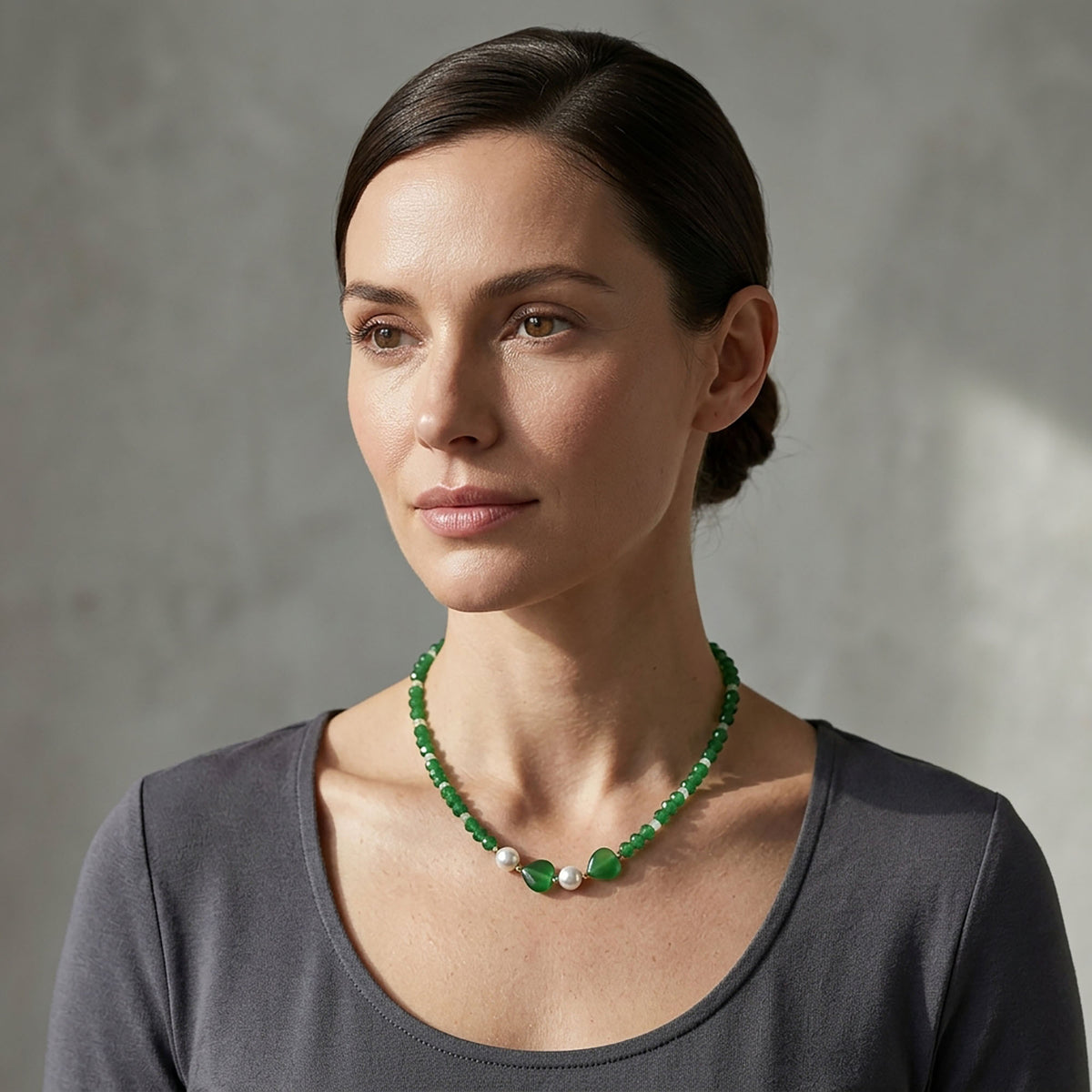 Colourful necklace with green hearts and sparkling stones