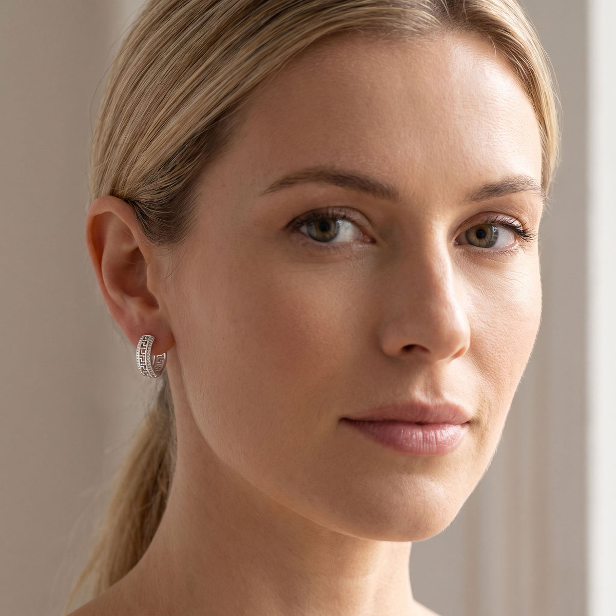Silver | Women's hoop earrings with an openwork Greek motif