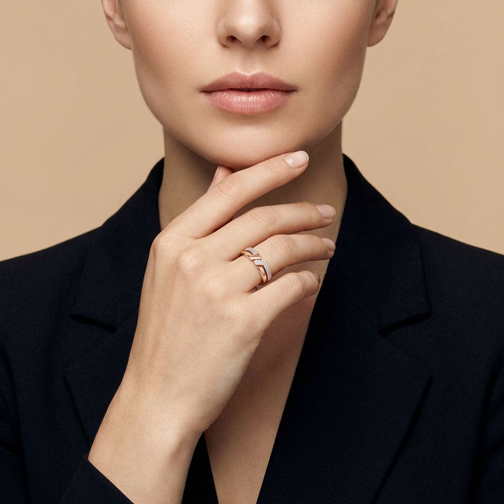 Woman in a black jacket wearing the gold-plated zirconia ring set